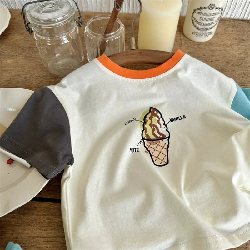 Summer New Children'S 100% Cotton T-Shirt Baby Boys Fashion Short-Sleeved Cartoon Tops Kids Girl Patchwork Costume Outerwears