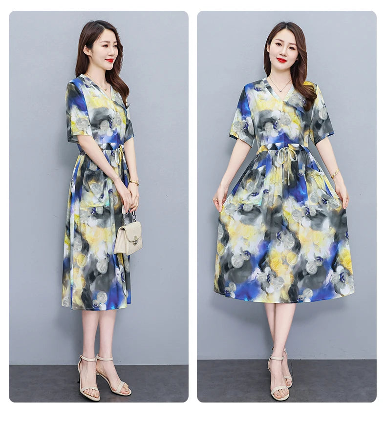 New Fashion 2025 Summer dresses For Women V-Neck Plus Size Woman Cothing Loose Short Sleeve Women Print Dresses