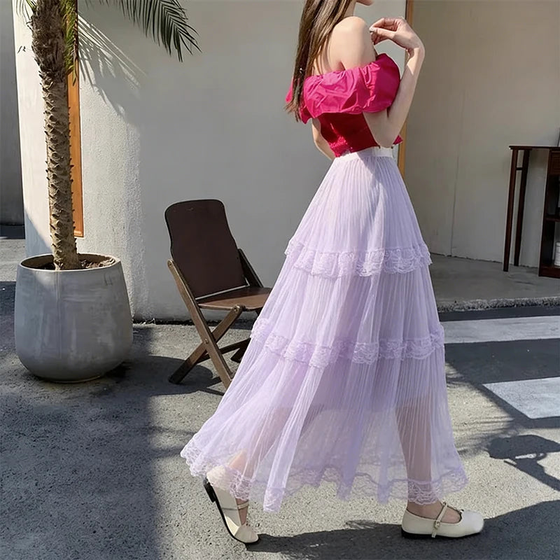 Retro Sweet White Long Skirt Women Casual Loose High Waist Elegant Skirt Vintage Lace Patchwork Korean Summer Long Skirts