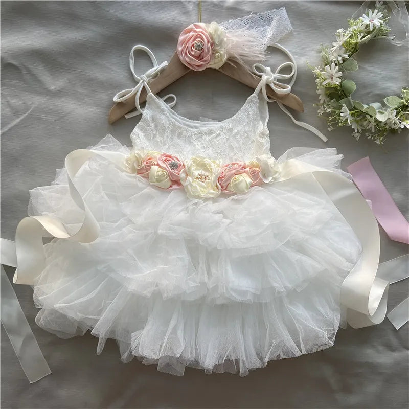 New Born Baby Girls Birthday Dress for Kids Flowers Girls Party Tutus Costume Belt Headband 3pcs Outfit Set Princess Vestidos