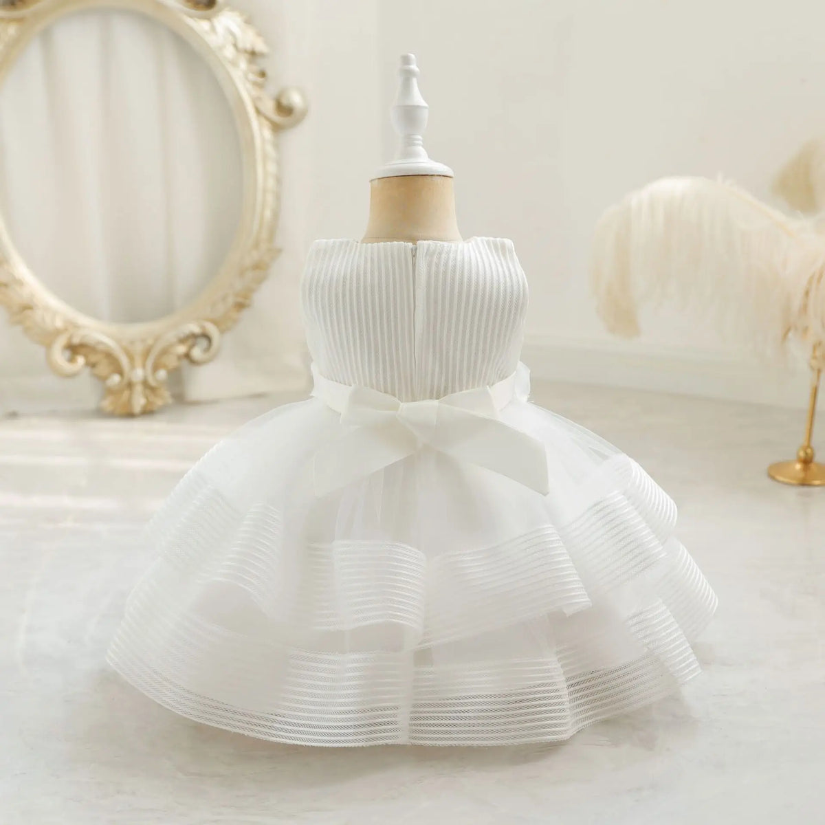 HETISO Girl Kid's Dress Flower Mesh Layered Striped Sleeveless Toddler Baby Party Gown for Girls 1-4 Years