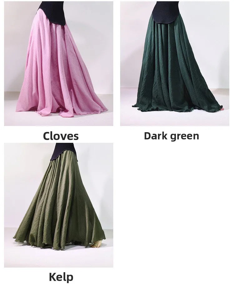 New In 2026 Spring Summer Woman Cotton Linen Midi Skirt Solid Color Loose Flared Pleated A-line Skirt Female Sweet Elegant Skirt
