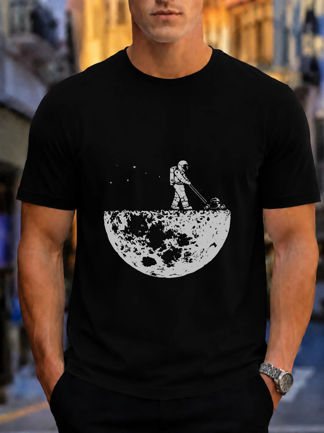Men's Astronaut Mowing on the Moon Print Cotton T-Shirt - Casual