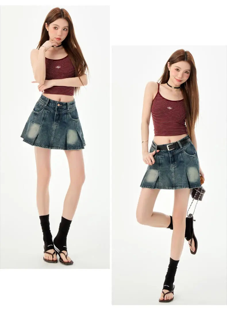 Trendy High Waist Pleated  Denim Skirt Women's Spring Summer New Lazy Style A-Line Half-length Jeans Skirts