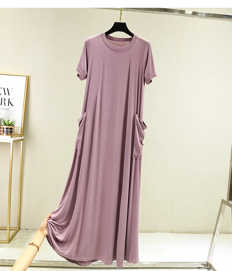 Casual Modal Sleep Dress Women Summer Large Size round Neck over Knee Long Dress Loose Slimming Short Sleeve Dress