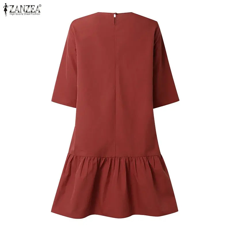 ZANZEA Women's Casual Ruffled Hem Dress O-Neck Half Sleeve A-Line Dress 2026 Summer Daily Solid Color Loose Robes Femme