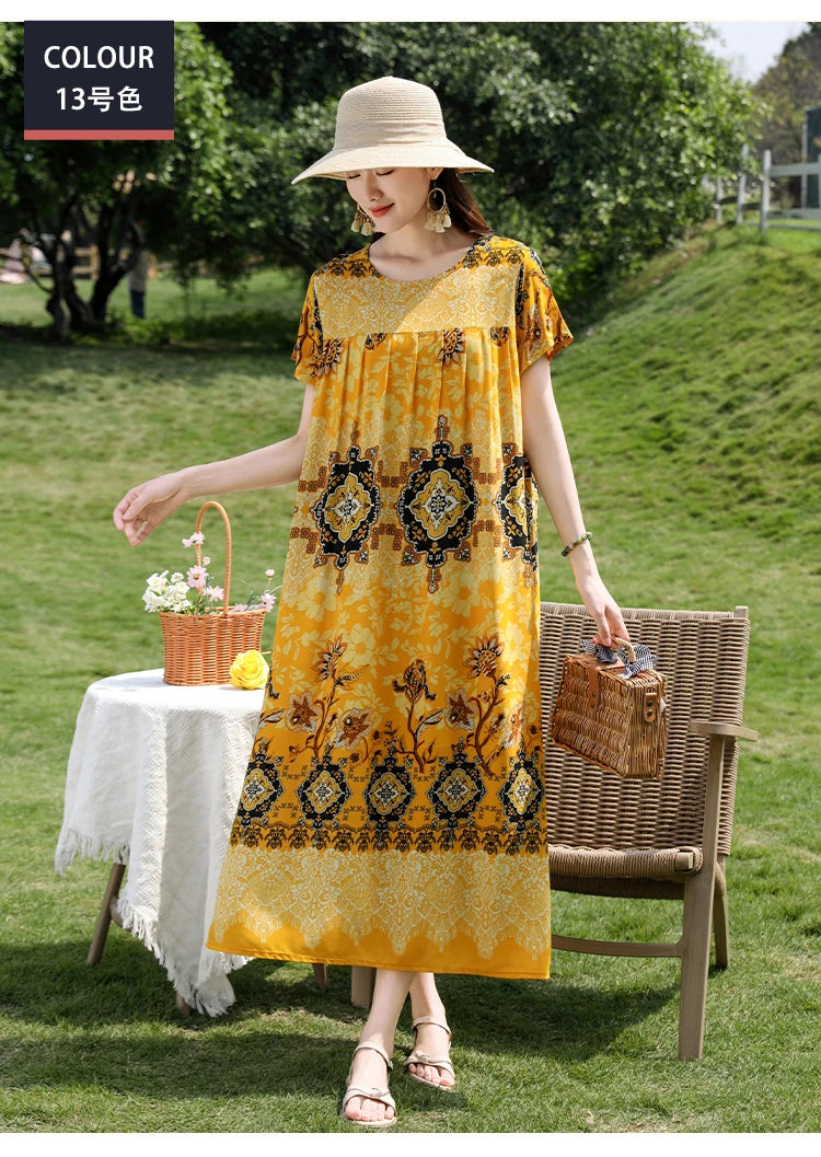 New Fashion Casual 2025 Summer Elegant Dresses For Women O-Neck Print Vintage Short Sleeve Dress Loose Women Clothing