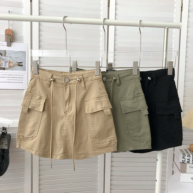 Retro High Waist Denim  Skirt Women's Spring Summer Autumn Casual Drawstring Anti-Light Short Skirt Polyester Fiber