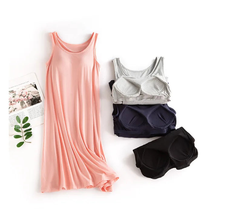 New Modal Women's Summer Tank Tops with Chest Cushion Cup Cover One Piece Home Sleepwear Female Underwear Pajamas Nightgowns