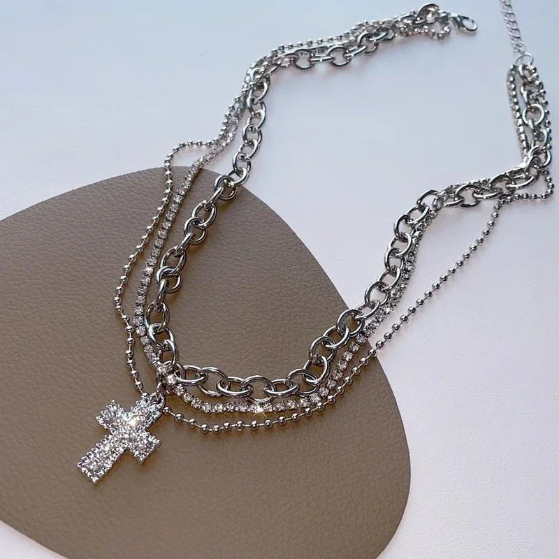 Rhinestone Cross Pendant Necklace Spicy Girl Sweet and Cool Style Multi Layered Necklace Choker Gift for Women Choker Jewelry