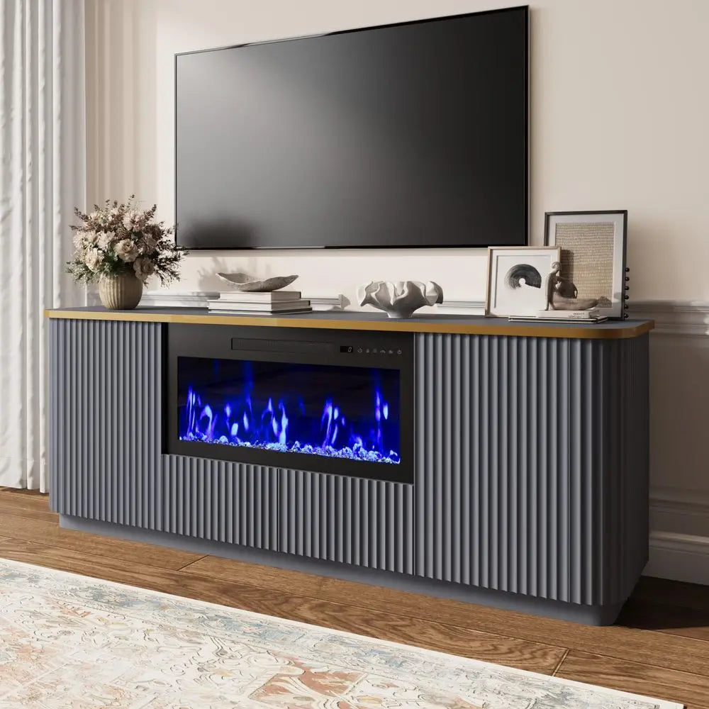 70 Fluted Fireplace TV Stand for TVs Up to 80, Modern Entertainment Center with 30 Crystal Electric Fireplace, Navy Blue