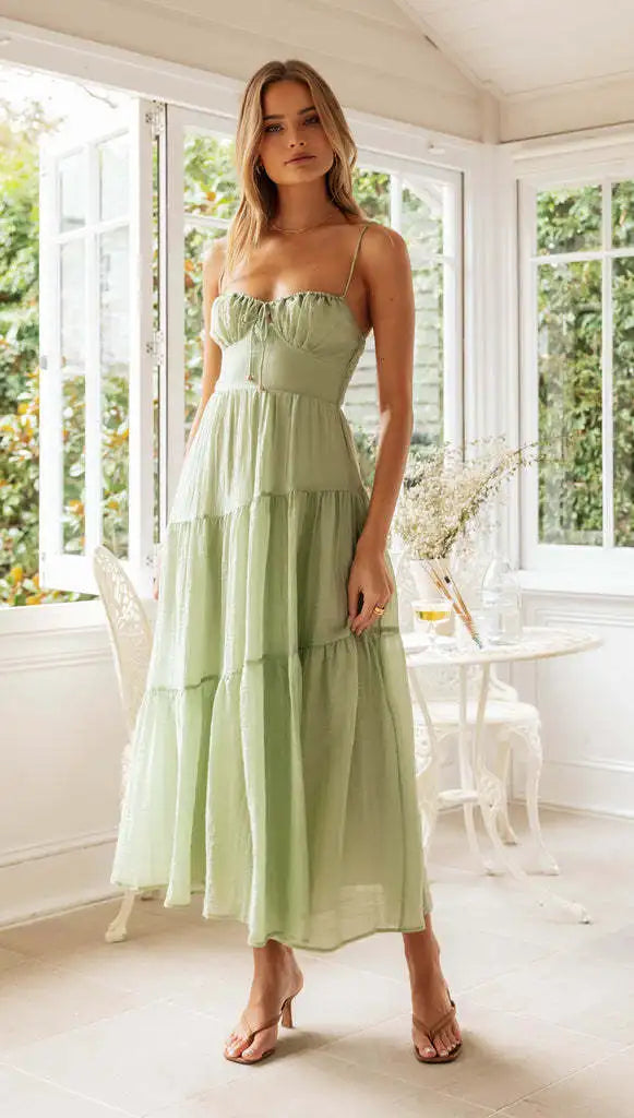 Women Spaghetti Strap Front Tie Tiered Flowy Backless Maxi Dress
