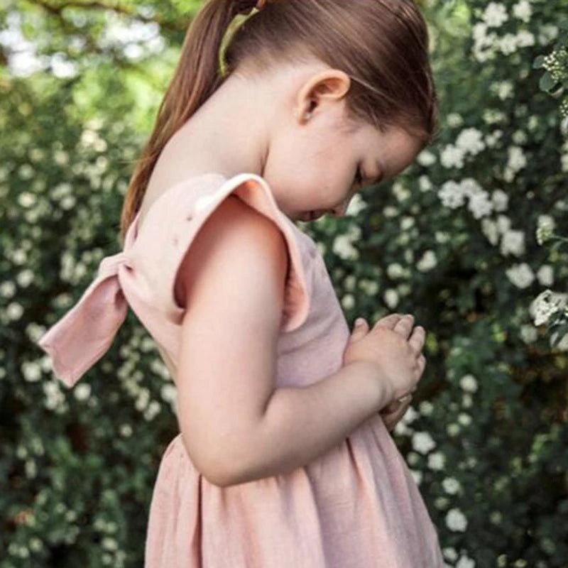 Kids Tales Essentials Baby Girls Dress Flying Sleeve Ruffles Cotton Backless Linen Newborn Infant Princess Dress Party Dresses