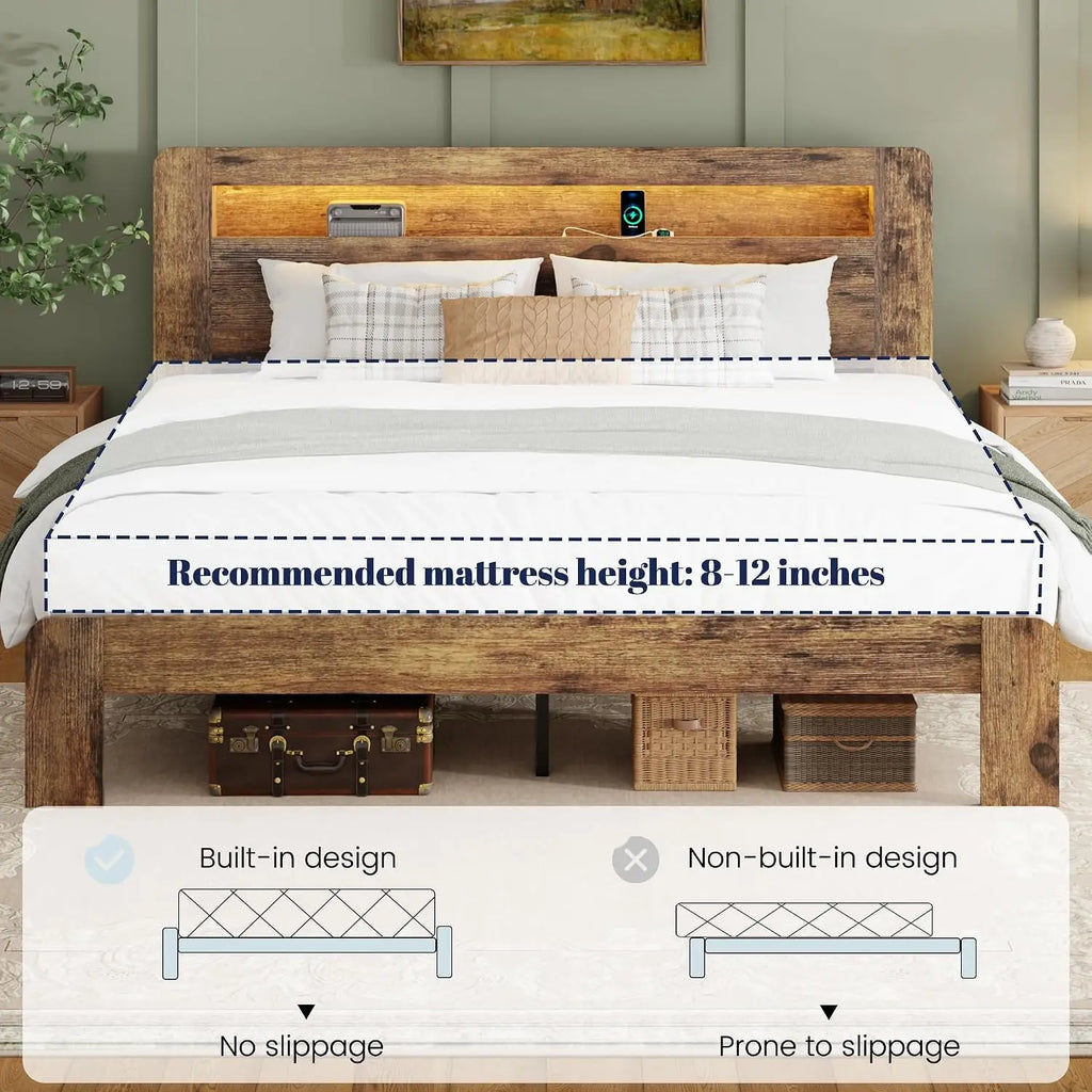 King Size Wooden Platform Bed with Storage Headboard & Charging Station LED Lights Slats No Box Spring, Customized