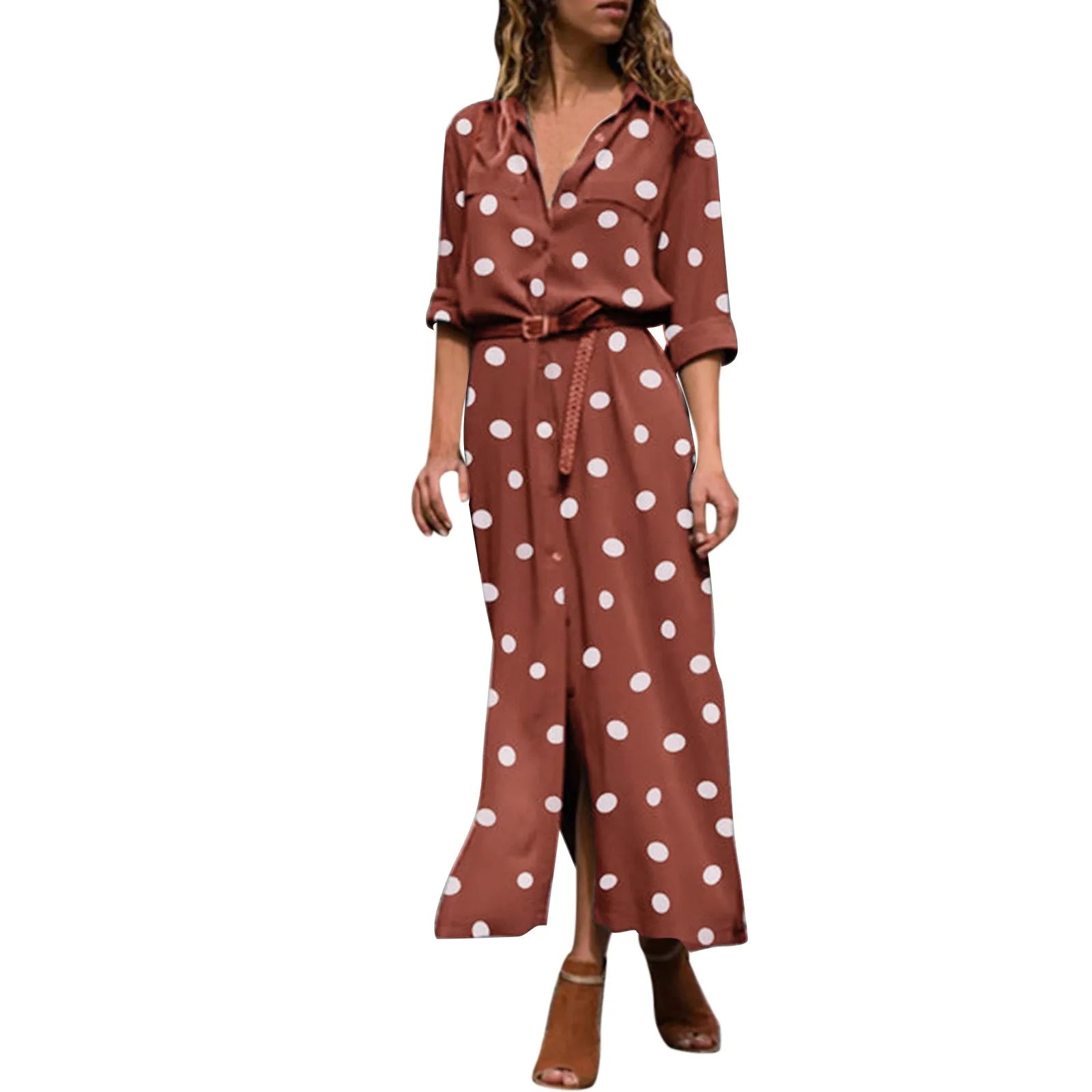 Summer Polka Dot Print Maxi Dress Women's Button Up Split Flowy Shirt Long Dresses Slim Long Sleeve Shirts Dresses With Belt