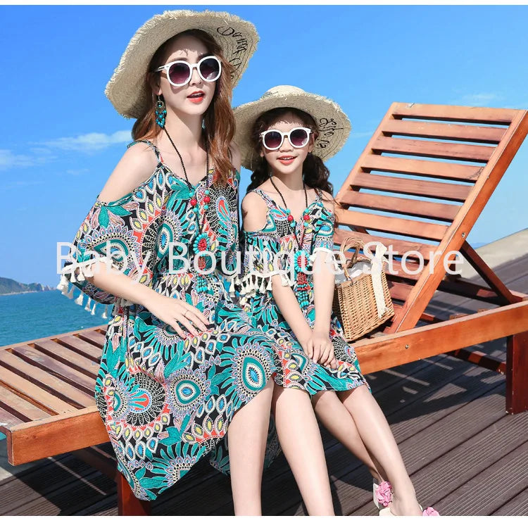 2025 Elegant Floral Girls Dress Family Matching Summer Outfit Off-Shoulder Midi Boho Dress Boys Set Fashionable Beach Vacation