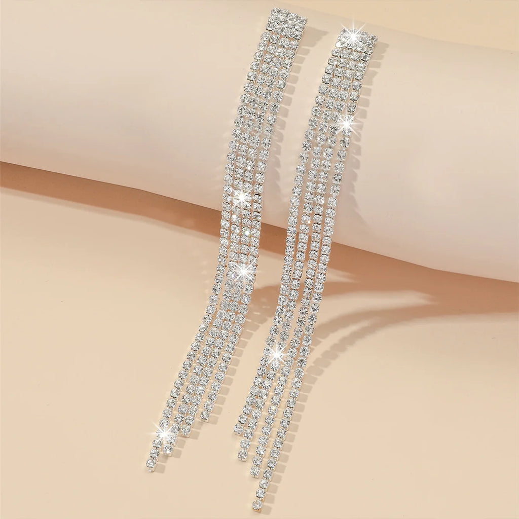 Treazy Shiny 4 Lines Rhinestone Crystal Tassel Long Earrings For Women'S Wedding Hanging Dangle Earrings Bridal Brincos