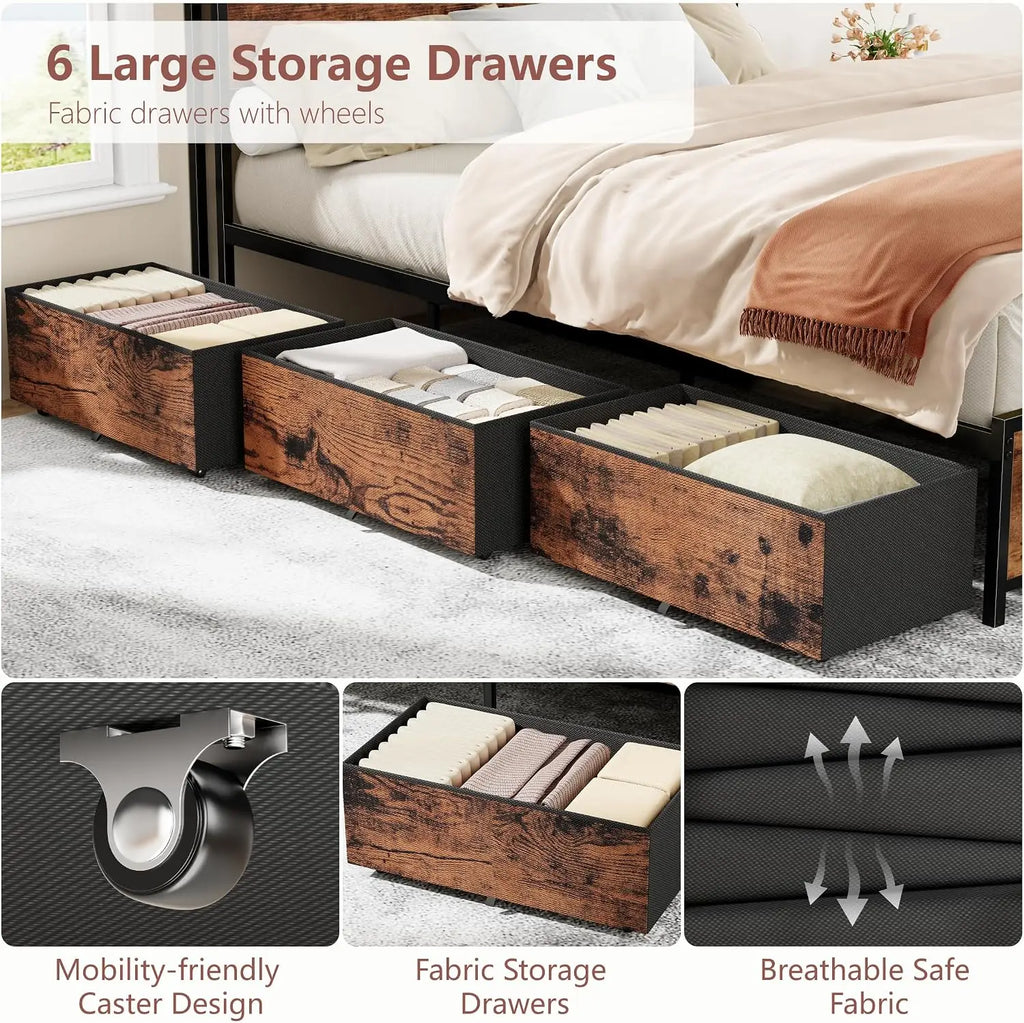 Queen Bed Frame with 2-Tier Storage Headboard & 6 Drawers, Heavy Duty Slats, USB & AC Ports, Brown