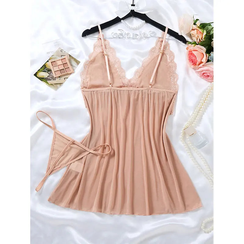Sleeveless Short Night Dress Summer Sets Lace Tulle Pajamas Hot Women's Sexy Nightgown With Thong Suit Suspender Backless Robe