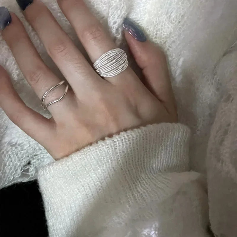 Personality Design Trendy Silver Color Multi-Line Ring For Women'S Girl Charm Opening Irregularity Finger Ring Set Jewelry