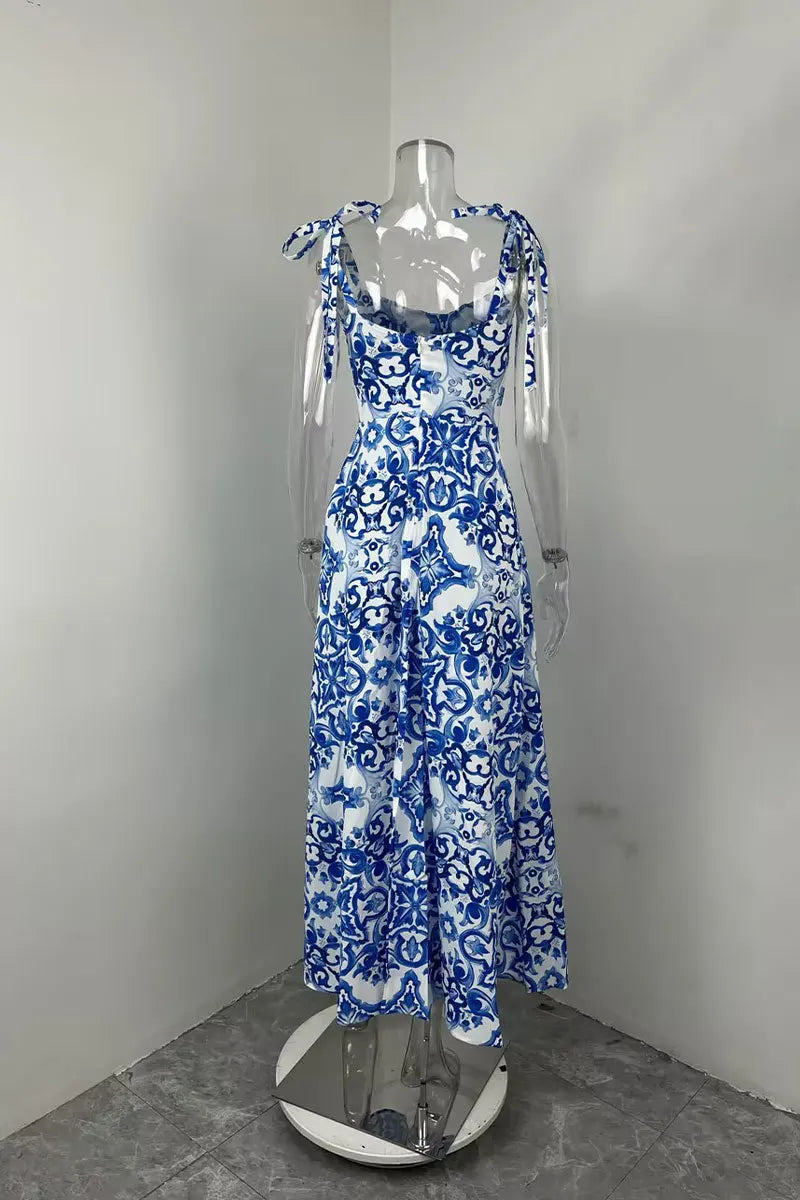 2026 Summer Elegant Woman Dress Spaghetti Strap Blue Floral Print Dresses High Waist Maxi Dress Blue White Print Slip Long Dress