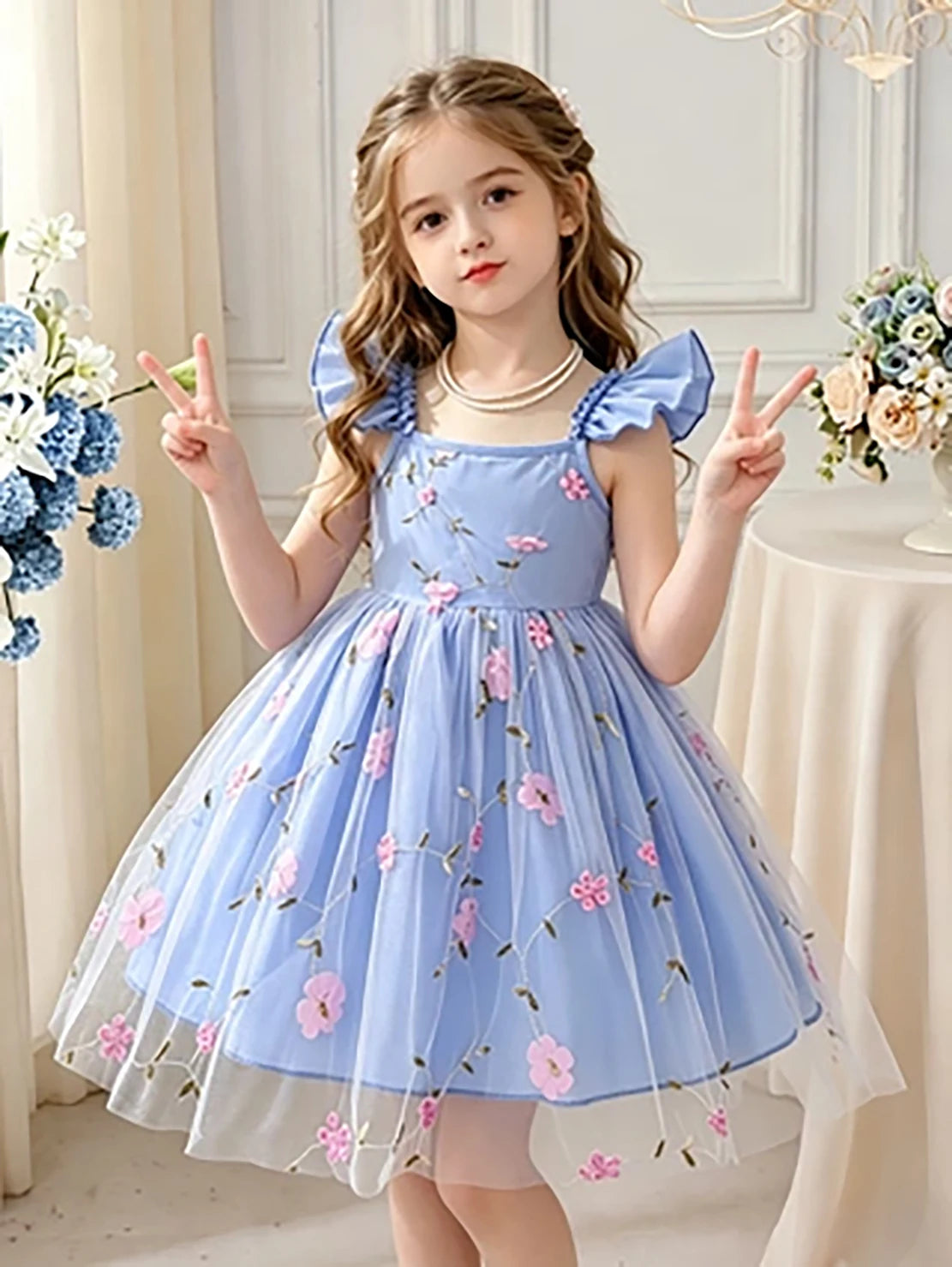 Girls' Blue & Pink Contrast Floral Tulle Princess Dress, Summer Flutter Sleeve Spaghetti Strap Puffy Skirt