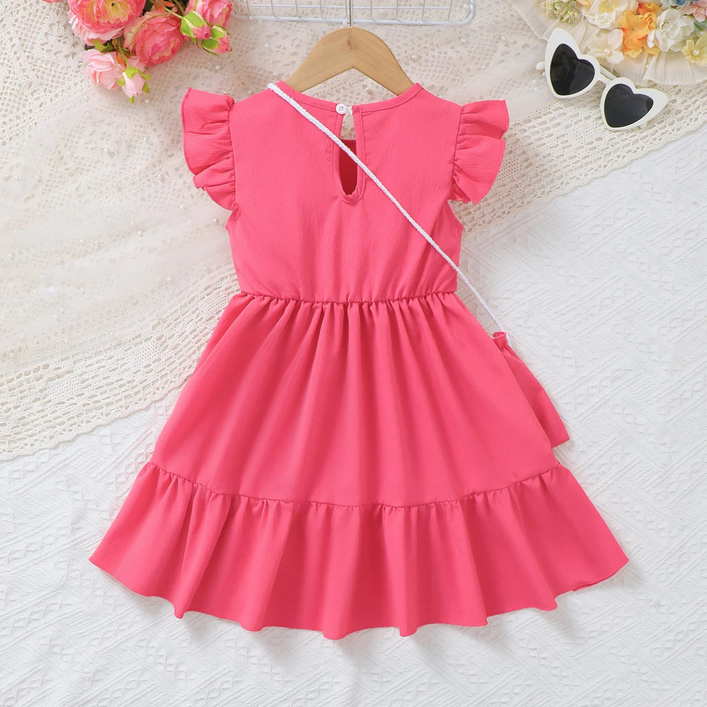 3PCS Fashion Girls 1-6 Years Old Summer Blue Sweet Sleeveless A-line Children's Dress 3D Wool Flower+Small Pocket Casual Dress