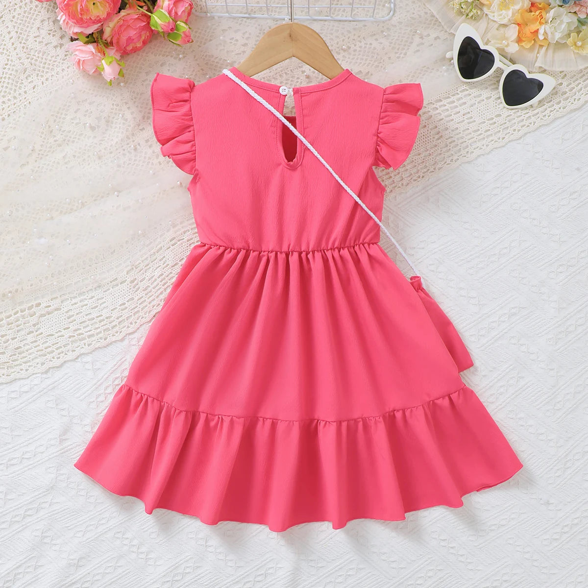 3PCS Fashion Girls 1-6 Years Old Summer Blue Sweet Sleeveless A-line Children's Dress 3D Wool Flower+Small Pocket Casual Dress