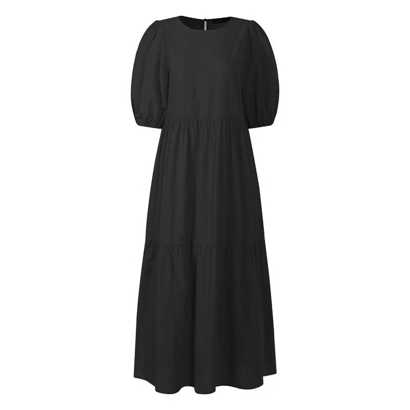 2026 Fashion Puff Short Sleeve Dress for Women Summer Solid Casual Sundress Comfort Cotton Maxi Dress Modest Robe Vestidos Femme
