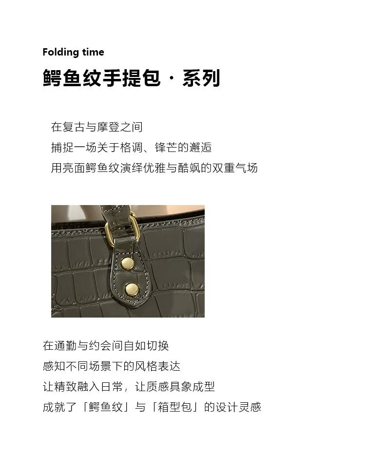 Shiny Crocodile Pattern Top-Handle Bag Women Glossy Patent Crossbody Shoulder Bag Elegant Tote Satchel with Key Pendant
