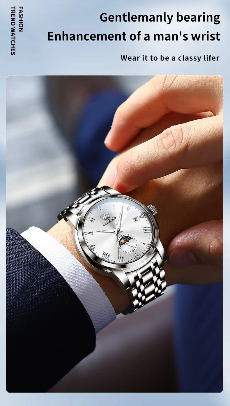 OLEVS 3656 Brand Men's Watches Fashion Original Quartz Watch for Man Waterproof Stainless Steel Luminous Wristwatch Moon Phase
