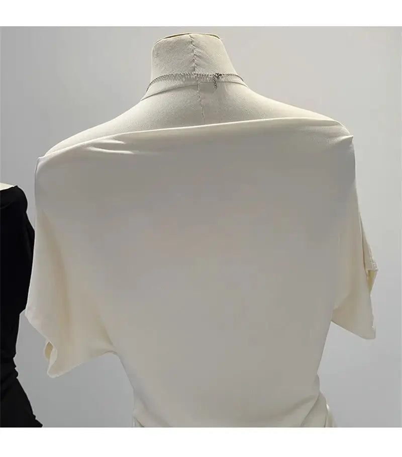 Summer One Shoulder Black Women's T-shirt Short Sleeve Korean Style Slimming Top Exposed Shoulder Fashionable