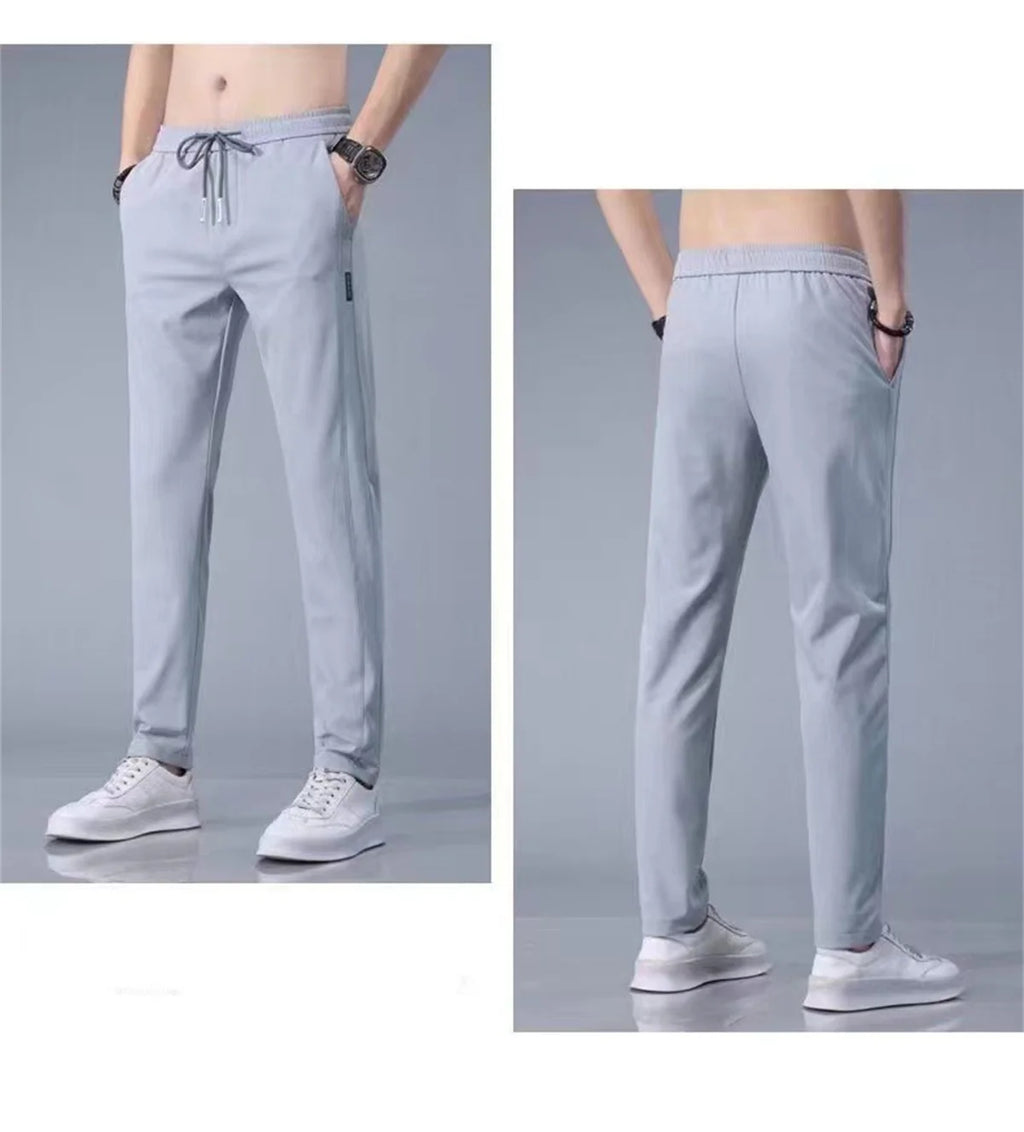 Ice Silk Men's Pants 2024 Summer New Black Gray Thin Business Casual Pants Outdoor Elastic Breathable Straight Leg Sweatpants