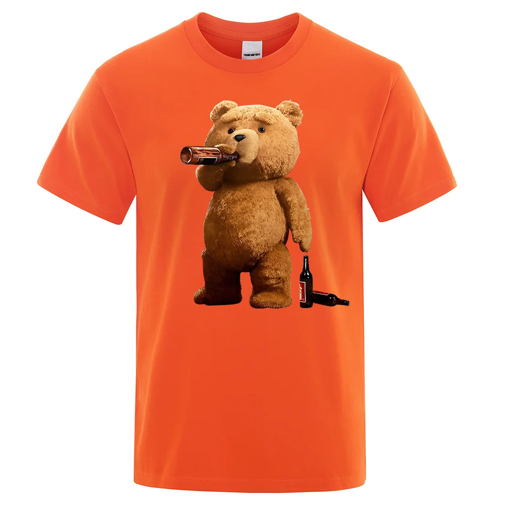 Lovely Ted Bear Drink Beer Poster Funny Printed T-Shirt Men Fashion Casual Short Sleeves Loose Oversize Tee Street Hip Hop Tops