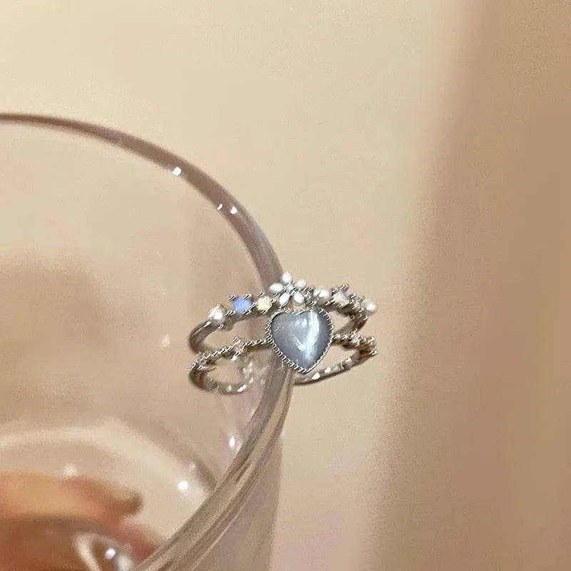 Fashion Blue Opal Heart Rings for Women Kpop Punk Gothic Open Flower Rhinestone Finger Rings Wedding Party Trendy  Jewelry