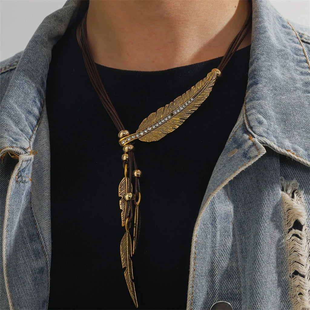 Bohemian Leaf & Feather Rope Chain Pendant Necklace