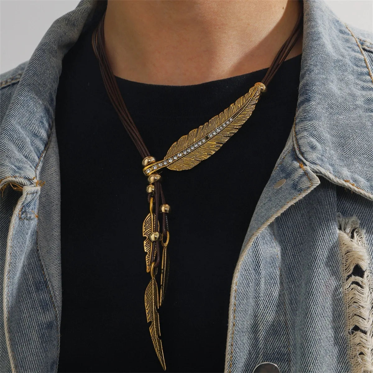 Bohemian Leaf & Feather Rope Chain Pendant Necklace