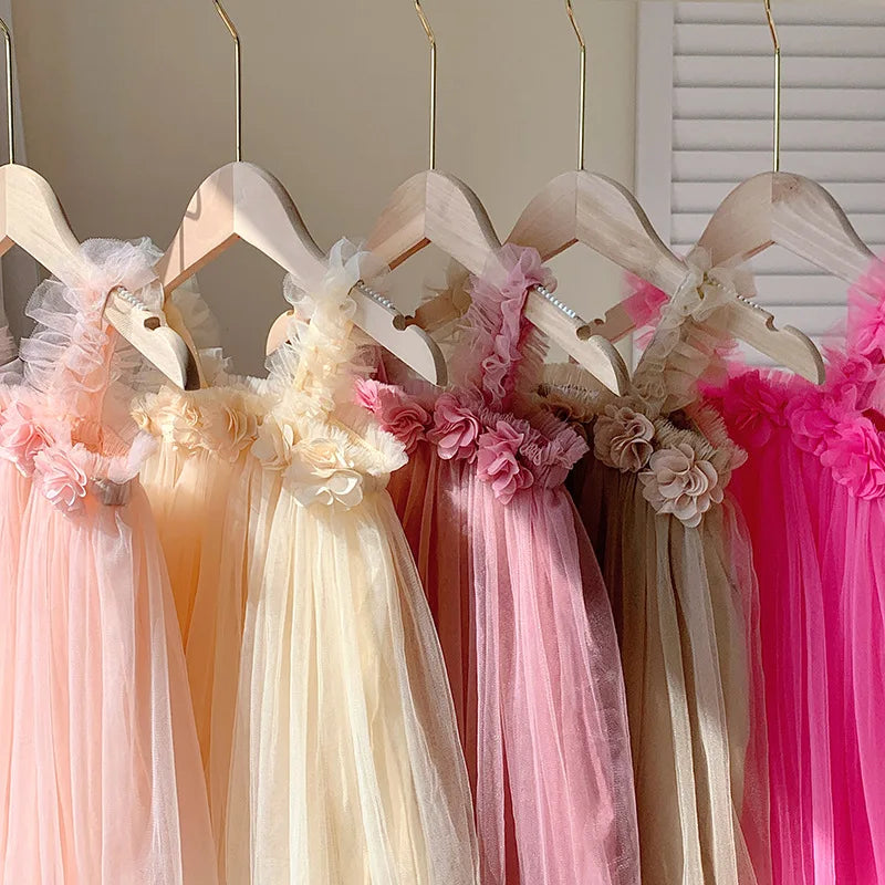 Kids Sweet Mesh Dress 1-6T Summer Children Mesh Tulle Princess Slip Tutu Dresses Girls 6 Colors 3D Flower Mermaid Birthday Dress
