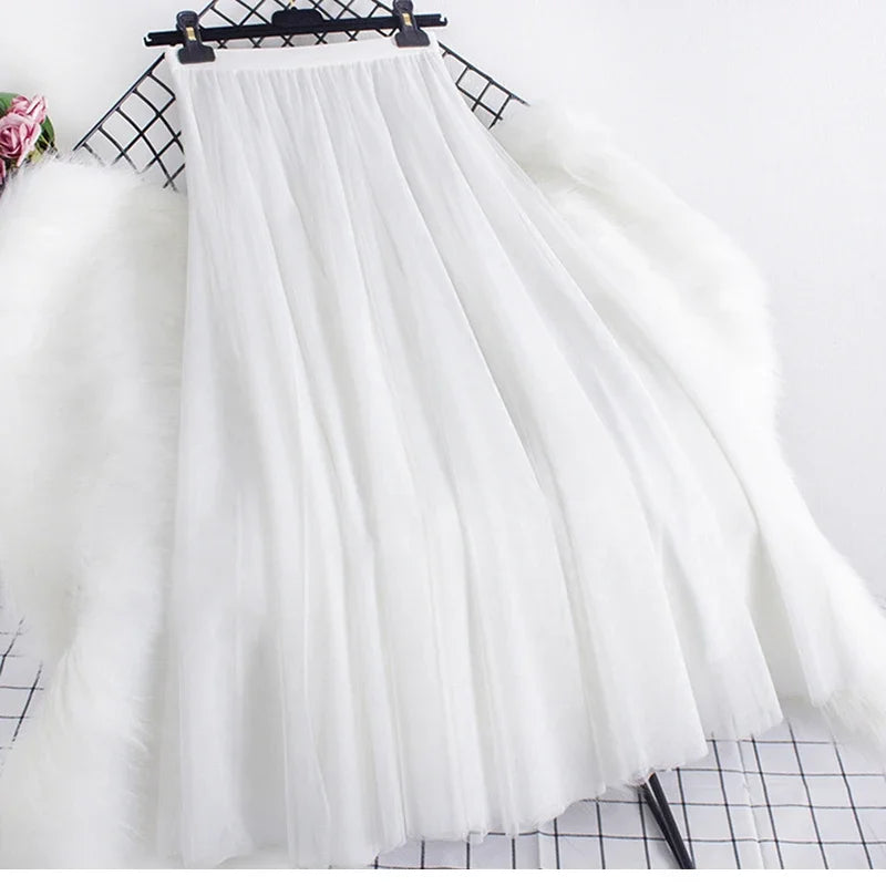 New large hem chiffon long skirt for women's Korean casual simple solid color three-layer A-line high waisted long skirt