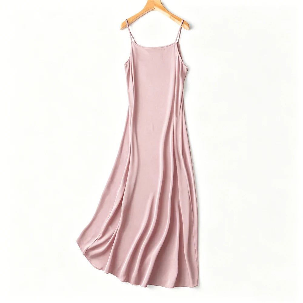 Women's Casual Summer Clothing 95% Natural Mulberry Silk Elastic Double Qiao Satin Adjustable Shoulder Strap Dress