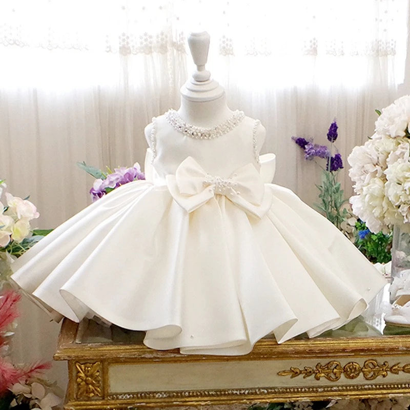 Wedding Princess Tutu Dress Baby First Birthday Party Kids Competition Children Flower Girl White Formal Performance Costume