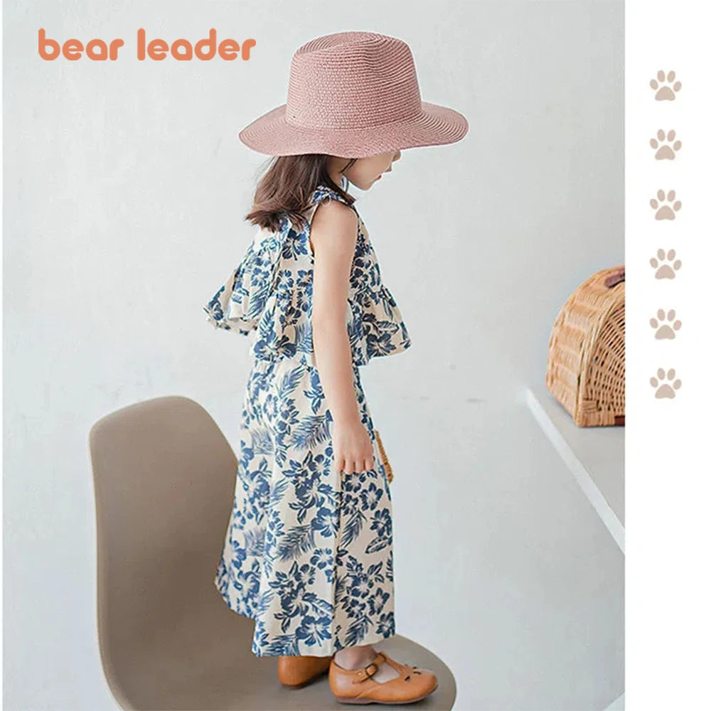 Girls Retro Floral Top & Wide-Leg Pants Two-Piece Set