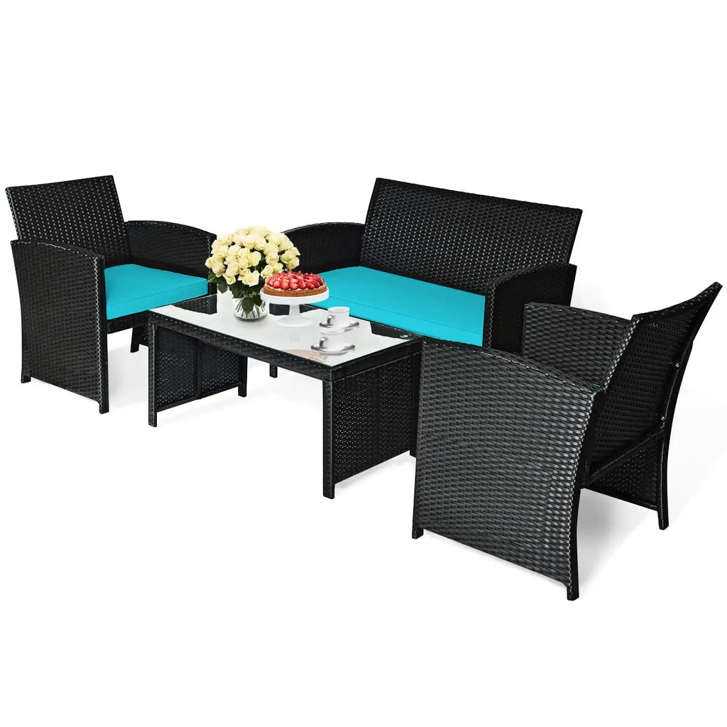 Outdoor Rattan Wicker Patio Furniture Set 4 Pieces Sofa & Table W/Cushions & Tempered Glass For Garden Lawn Backyard, Customized