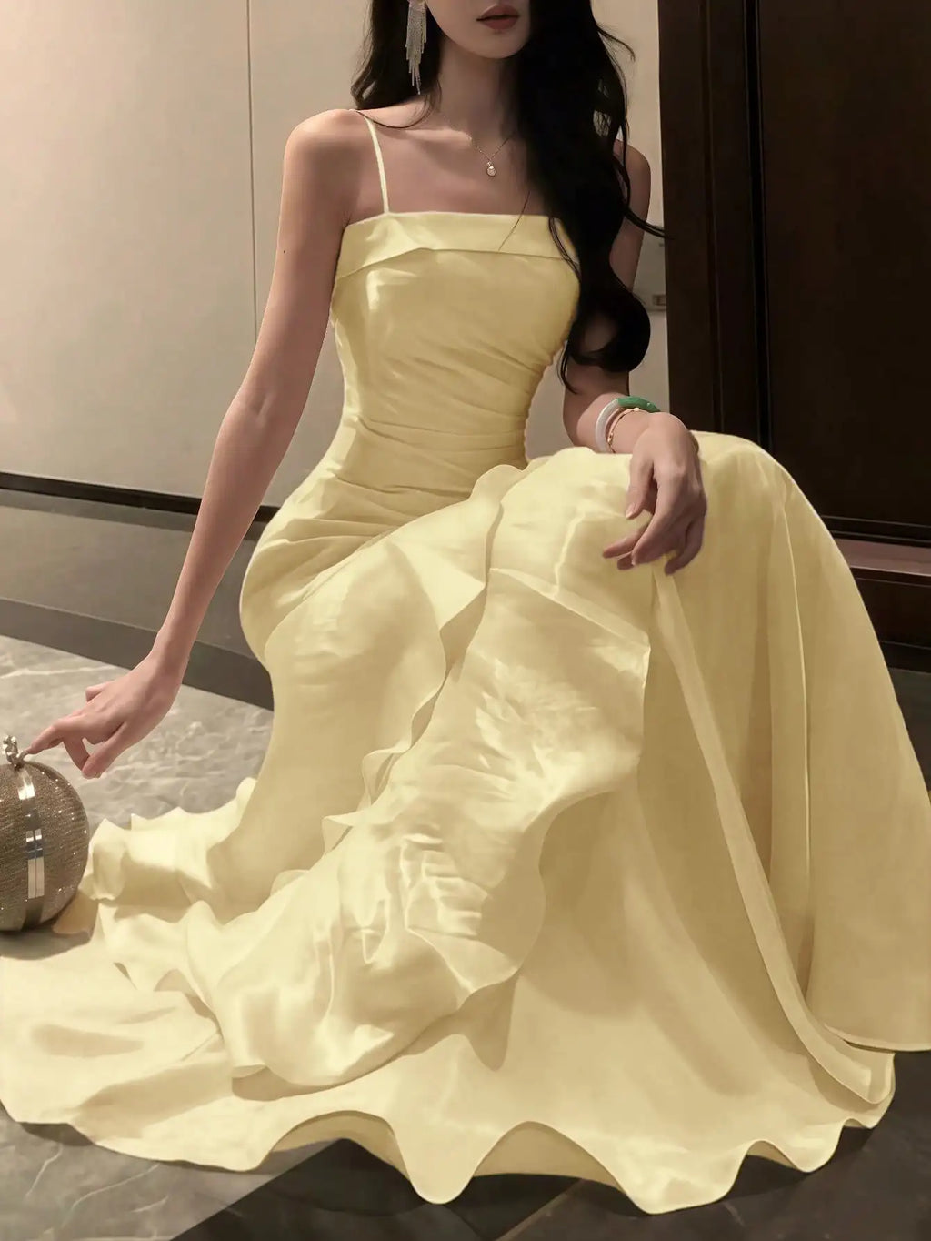 Women's Ruffles Elegant Romantic Spaghetti Straps Dresses Prom Gown Princess Graduation Party Sling DressFestival Formal Clothes