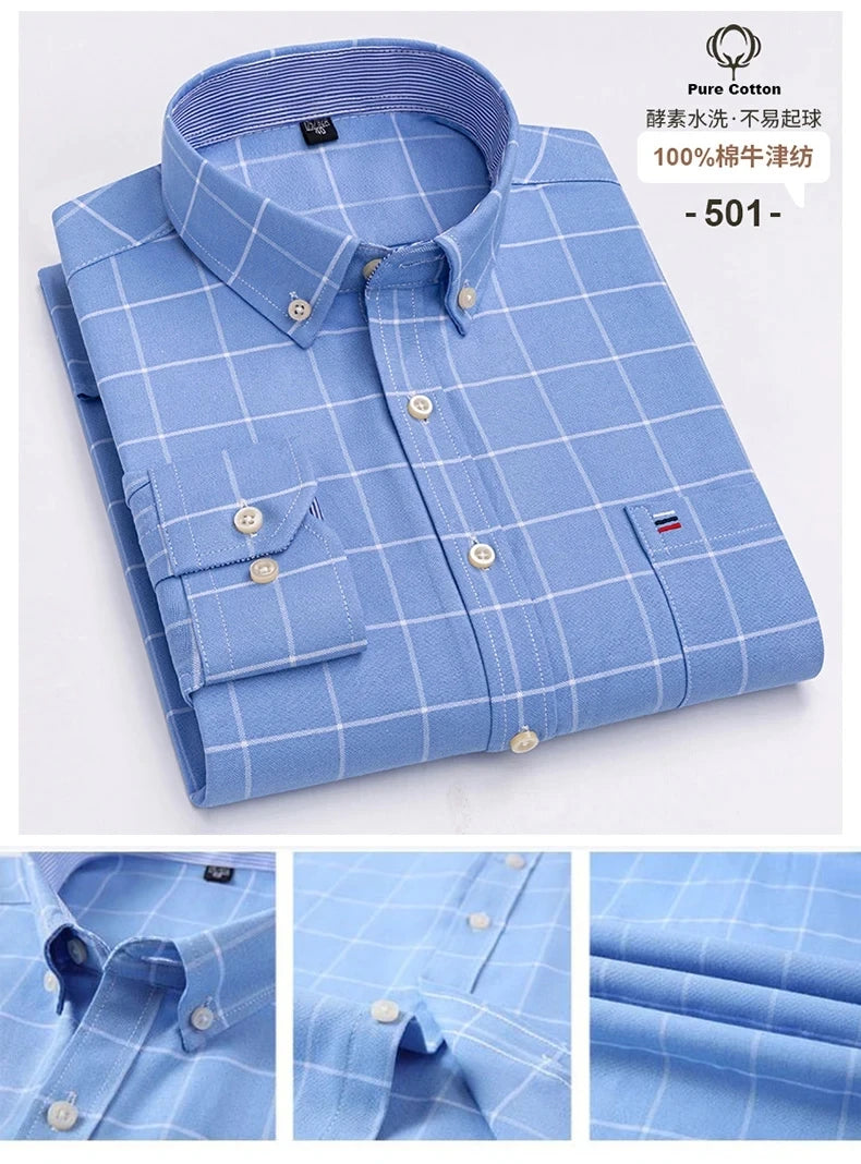 New 100% Cotton Oxford Men Shirts Long Sleeves Plaid Soft Regular Fit Formal Dress Shirt Pocket Social Blouse Male Clothes S-7XL