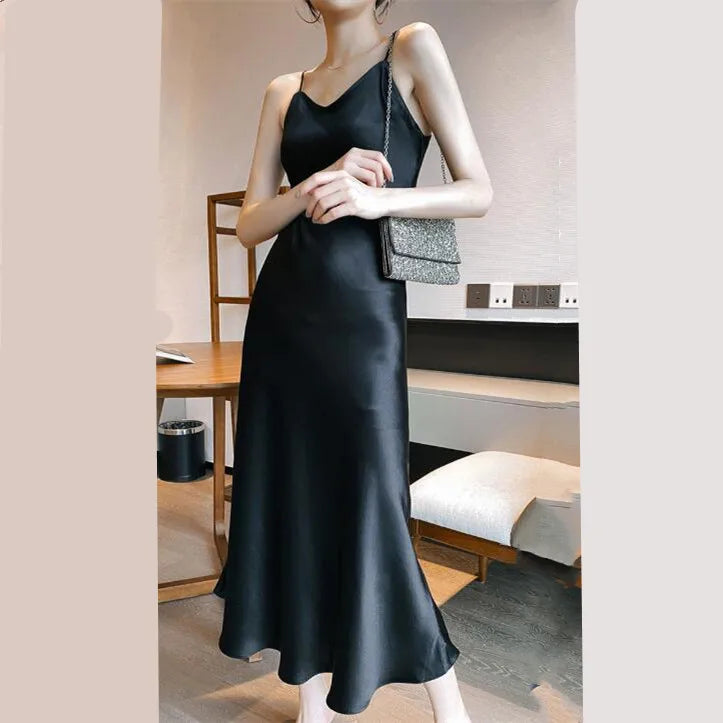 Asyabuykal Women's Satin A-Line Party Dress - V-Neck Spaghetti Strap