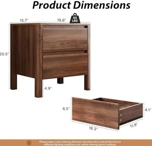 Walnut Nightstands Set of 2, Mid Century Modern Bede Table with Hidden Handles and Wood Legs, Wooden End Table with 2