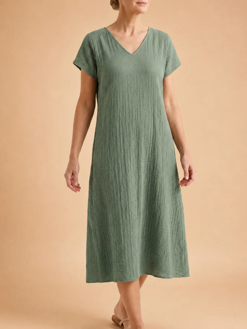 Casual Loose Polyester Crepe Dress V-Neck Short Sleeve Midi A-Line Skirt Women's Fashion Comfortable Leisure Cross-Border Style