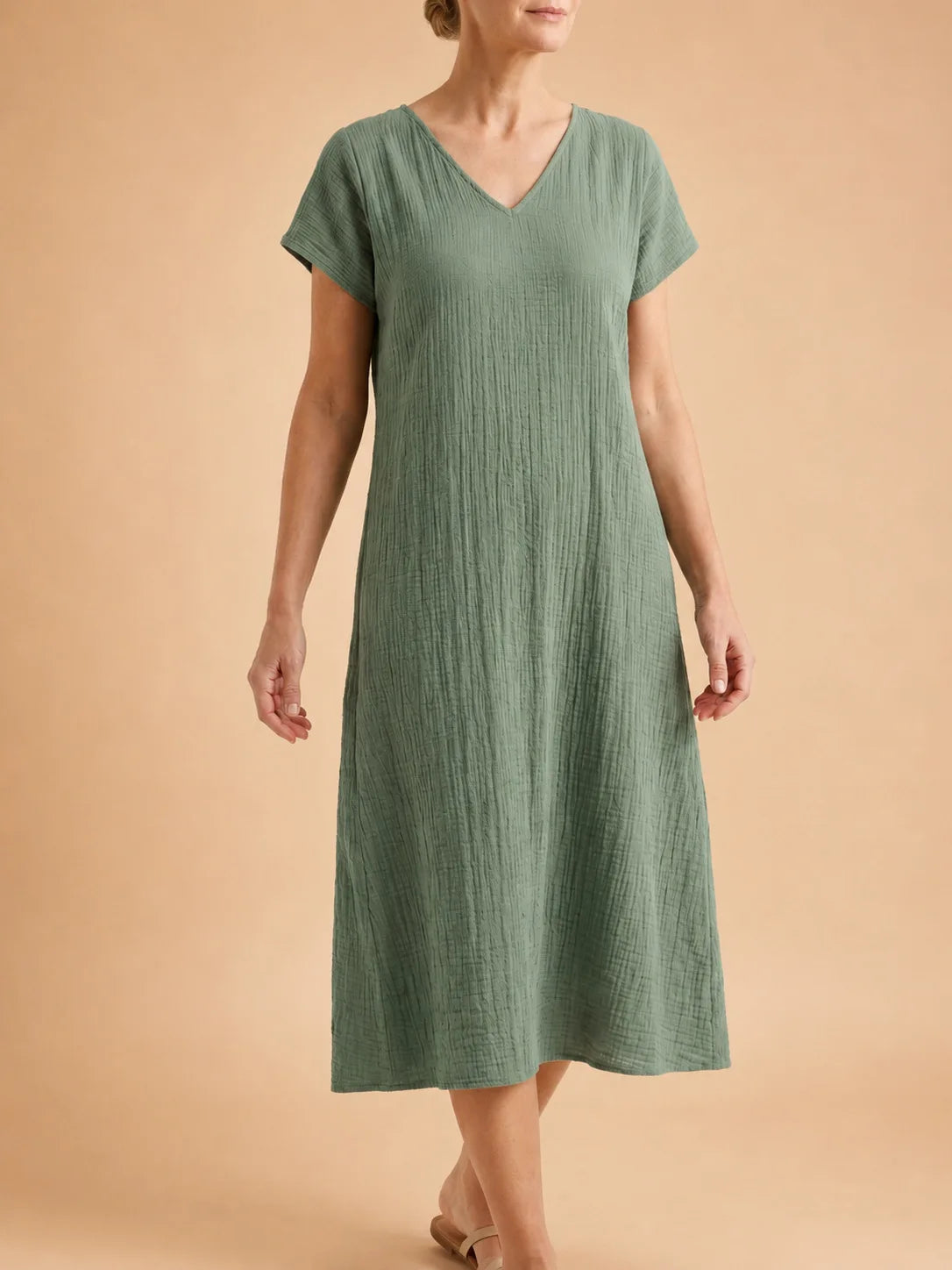 Casual Loose Polyester Crepe Dress V-Neck Short Sleeve Midi A-Line Skirt Women's Fashion Comfortable Leisure Cross-Border Style