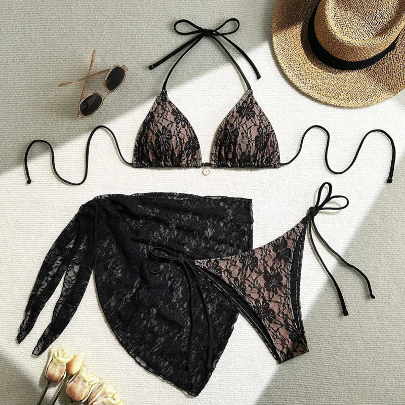 Women's Lace Contrast Brazilian Bikini Set – 3-Piece Sexy Swimsuit for Beach & Pool